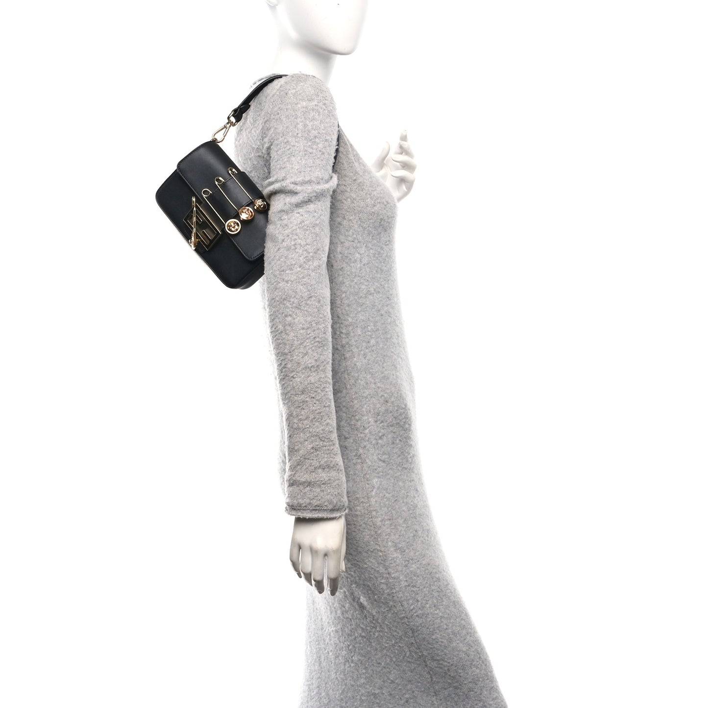 X VERSACE Vitello Seta Fendace Mini Brooch Baguette Black