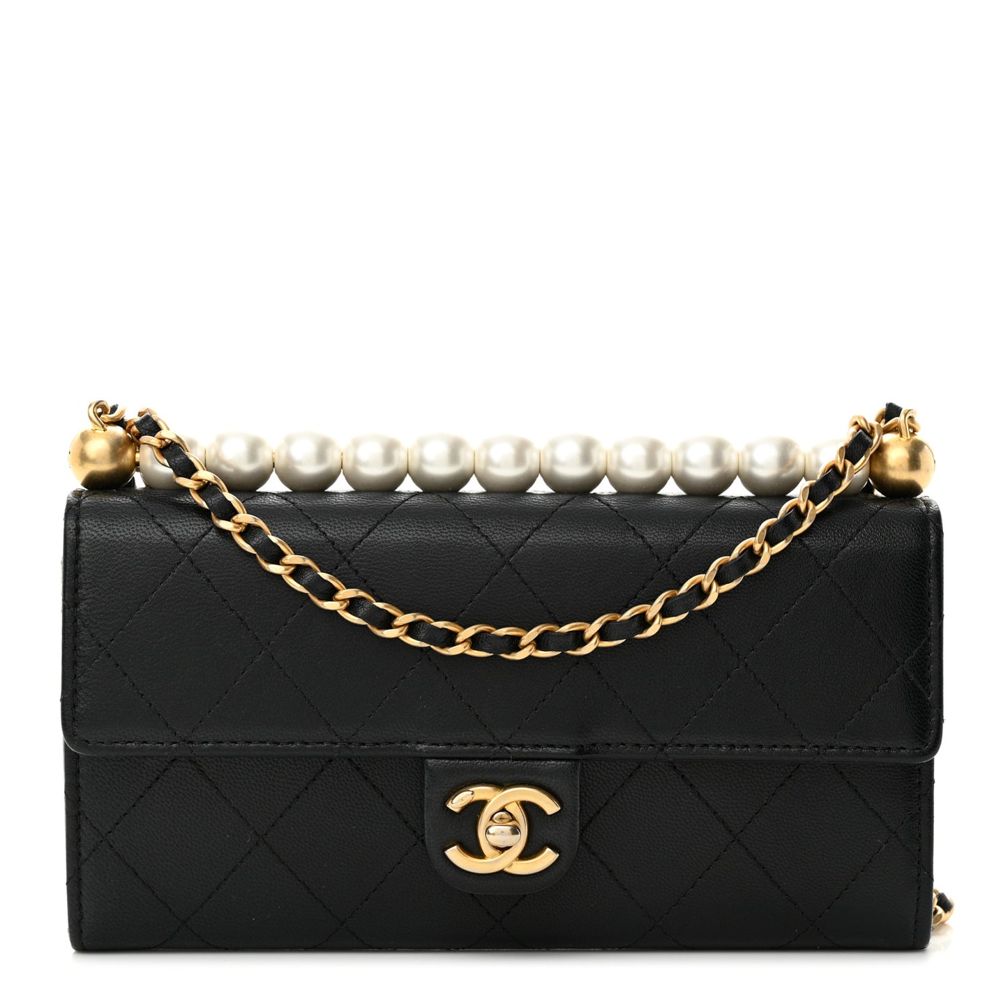 Lambskin Quilted Chic Pearls Clutch With Chain Black