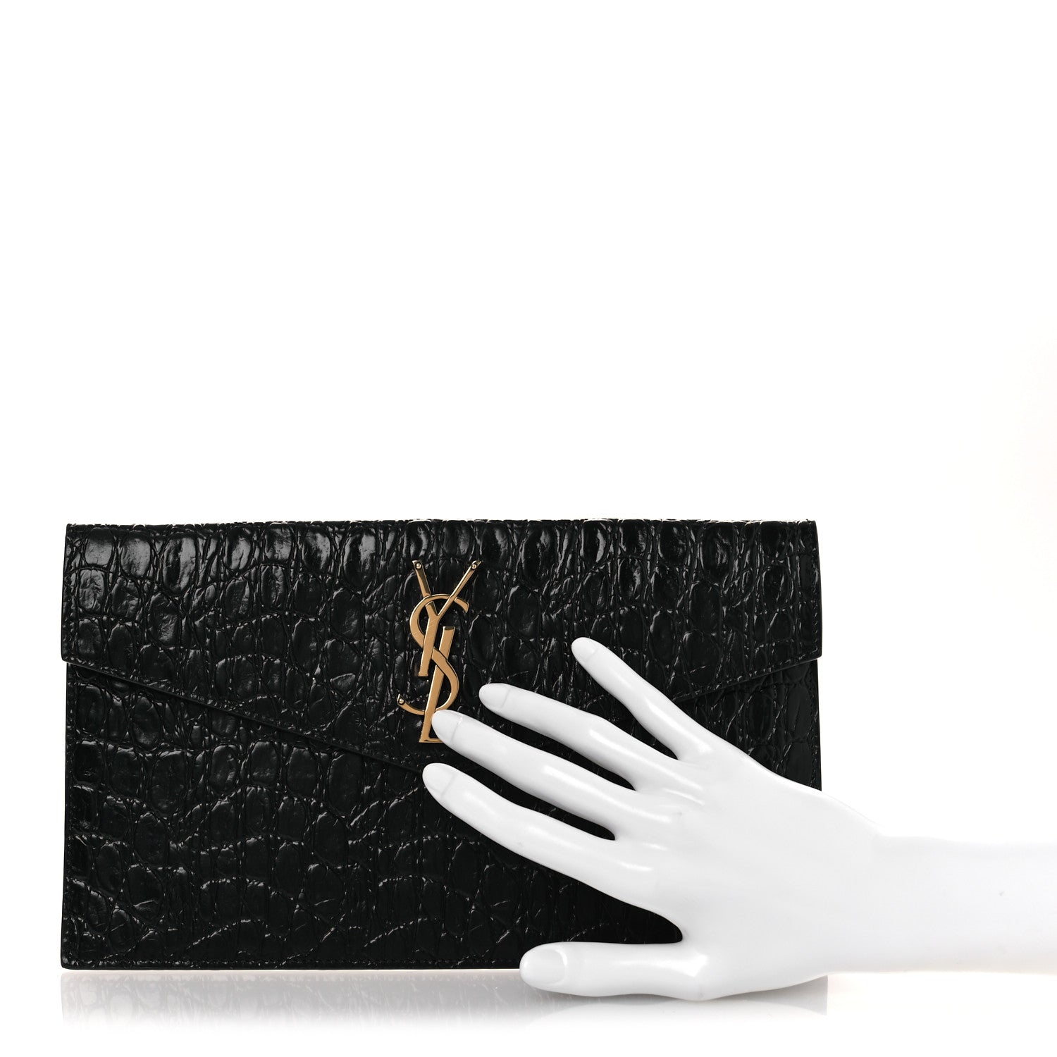 Saint Laurent Calfskin Crocodile Embossed Uptown Monogram Clutch Black 2 of 8