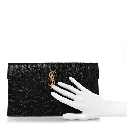 Saint Laurent Calfskin Crocodile Embossed Uptown Monogram Clutch Black 2 of 8