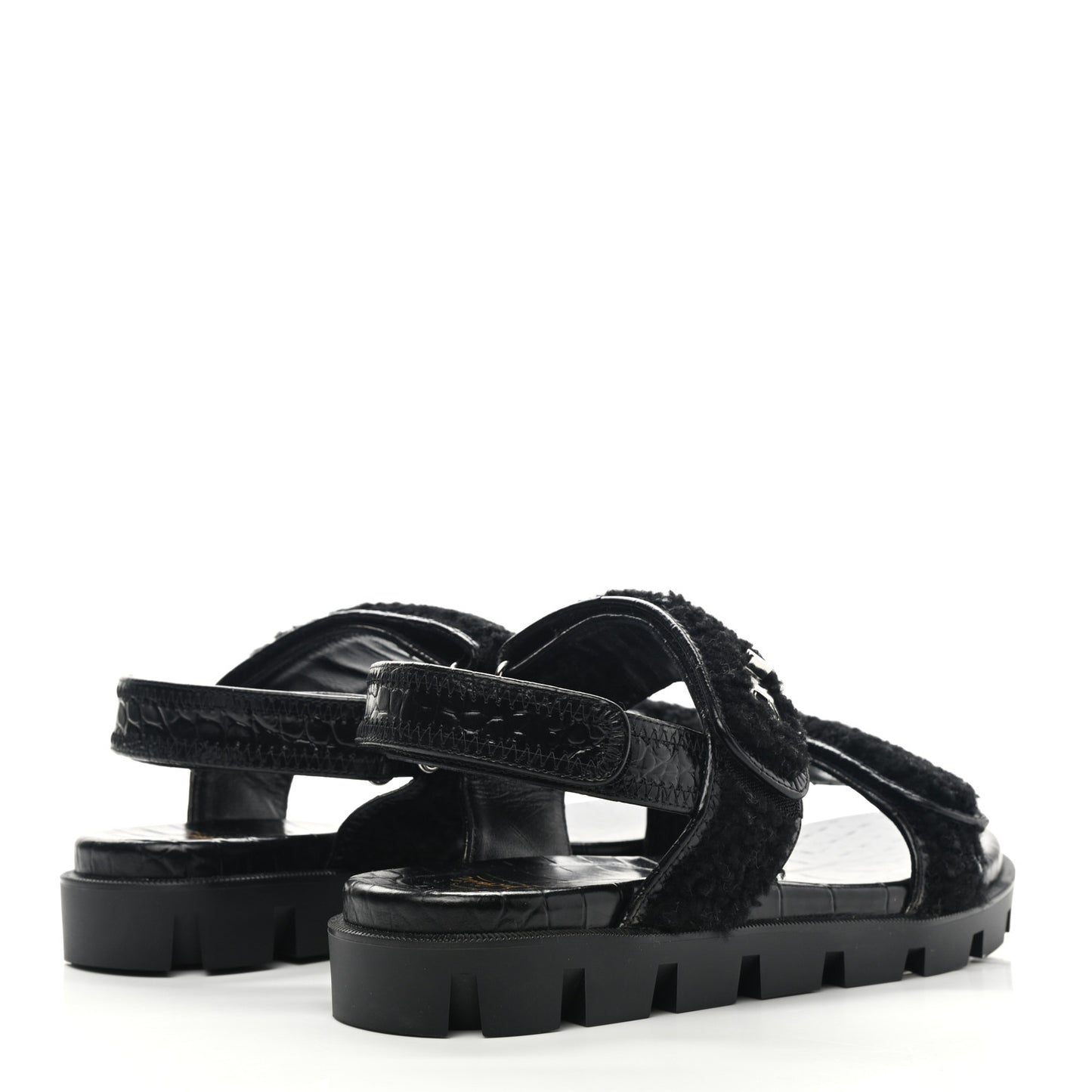 Calfskin Crocodile Embossed Lock Wool Flat Sandals 39 Black