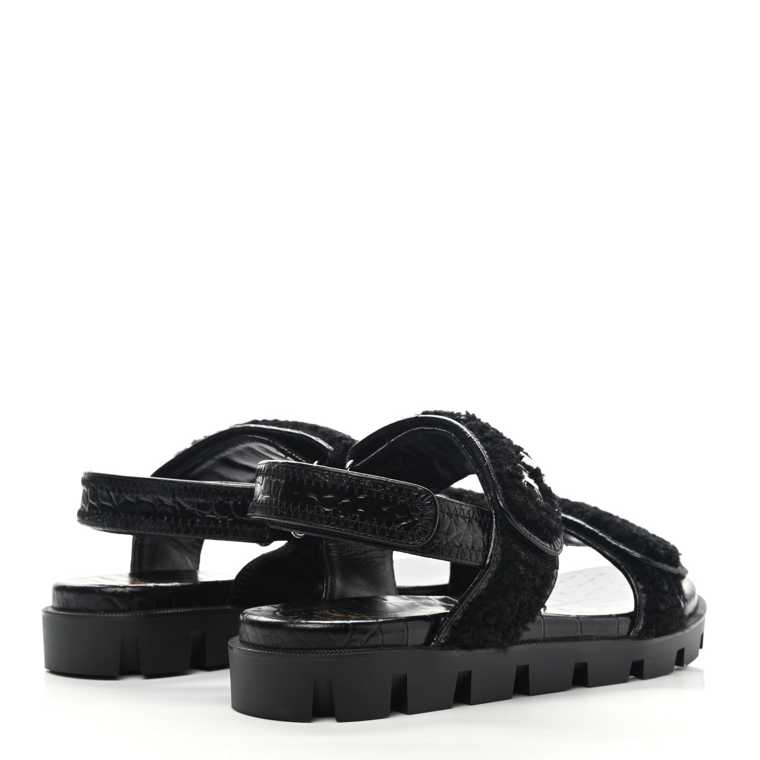 Christian Louboutin Calfskin Crocodile Embossed Lock Wool Flat Sandals 39 Black 4 of 8