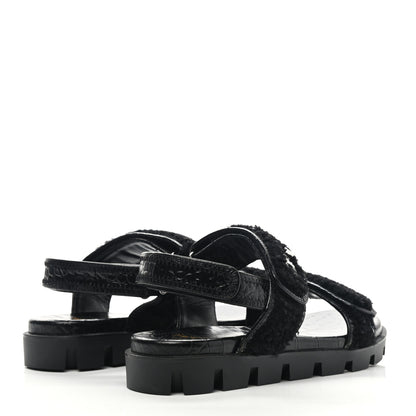 Christian Louboutin Calfskin Crocodile Embossed Lock Wool Flat Sandals 39 Black 4 of 8