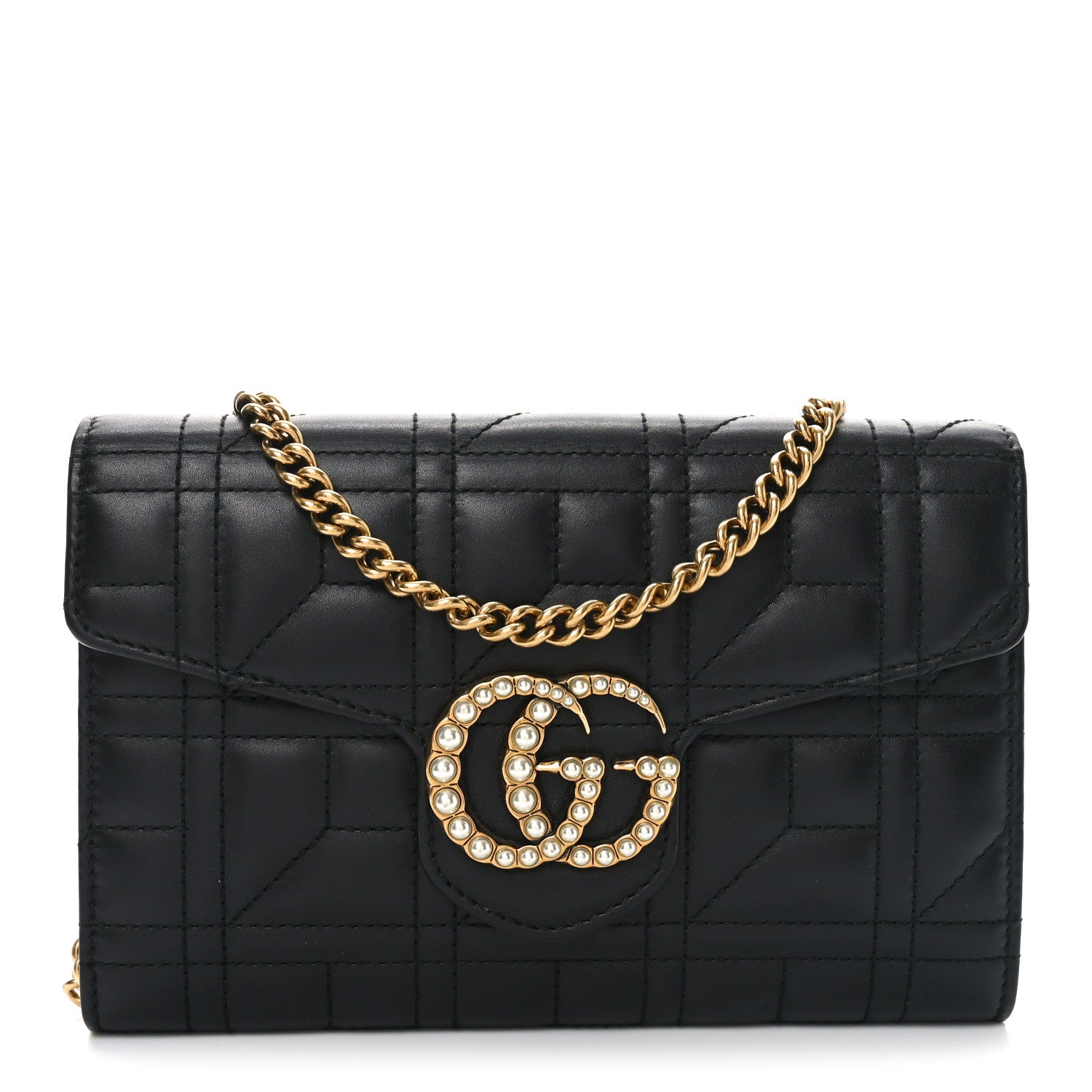 Gucci Calfskin Matelasse Mini Pearly GG Marmont Chain Wallet Black 1 of 10