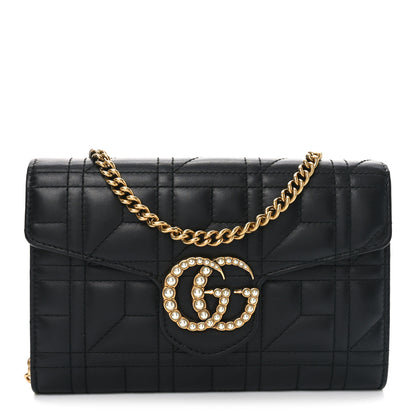 Gucci Calfskin Matelasse Mini Pearly GG Marmont Chain Wallet Black 1 of 10