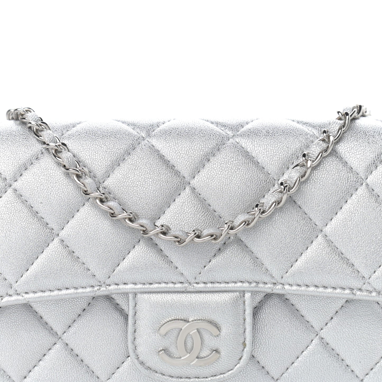 Metallic Lambskin Quilted Glasses Case With Chain Silver