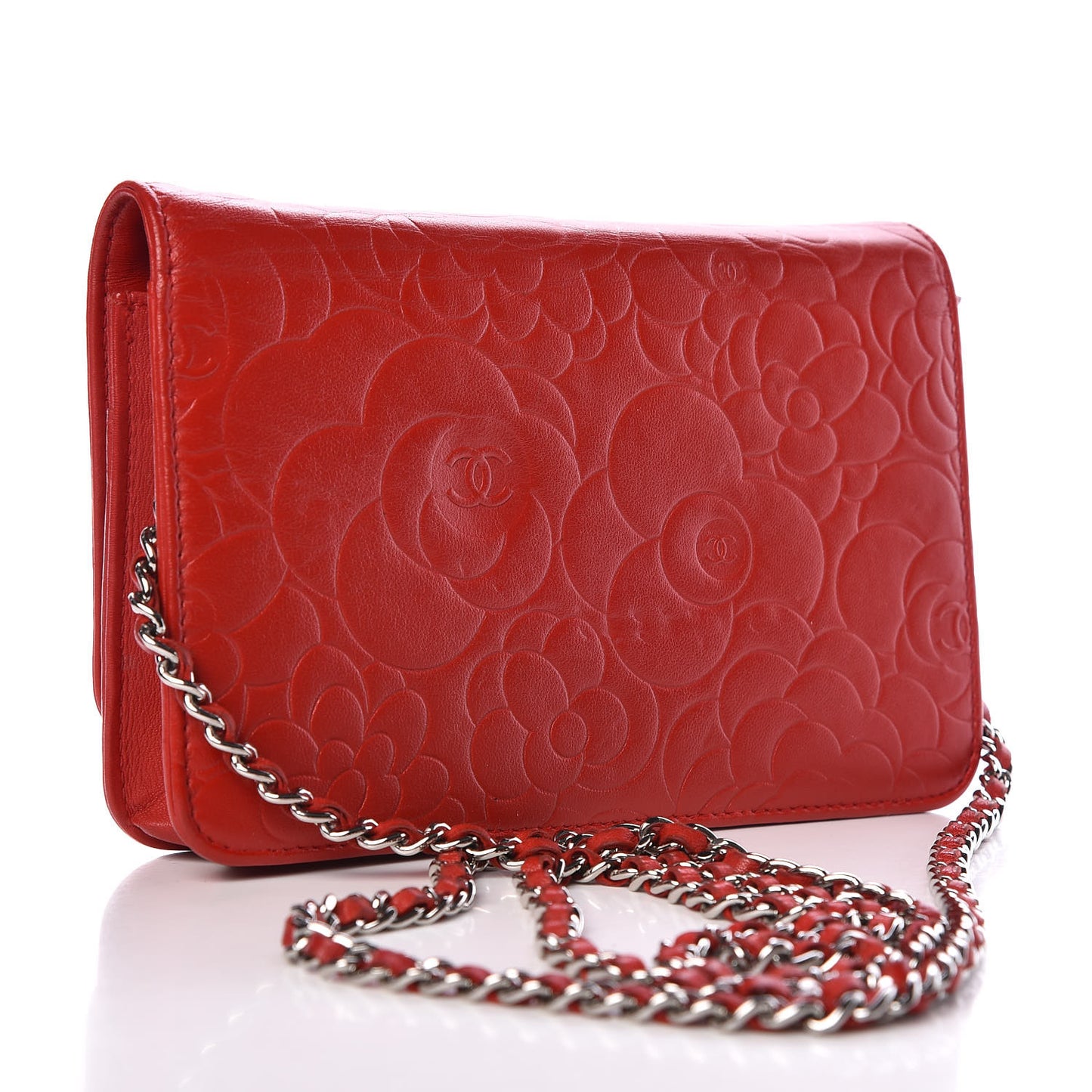 Lambskin Camellia Embossed Wallet On Chain WOC Red