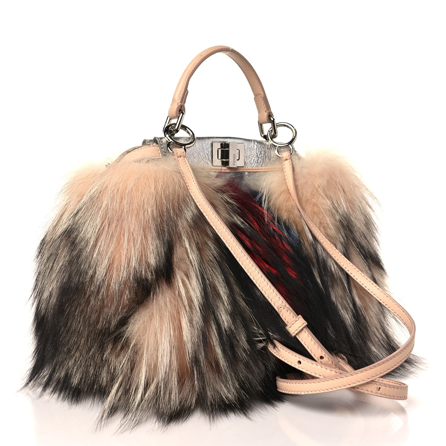 Metallic Nappa Fox Fur Mini Peekaboo Iconic Satchel Brown Multicolor