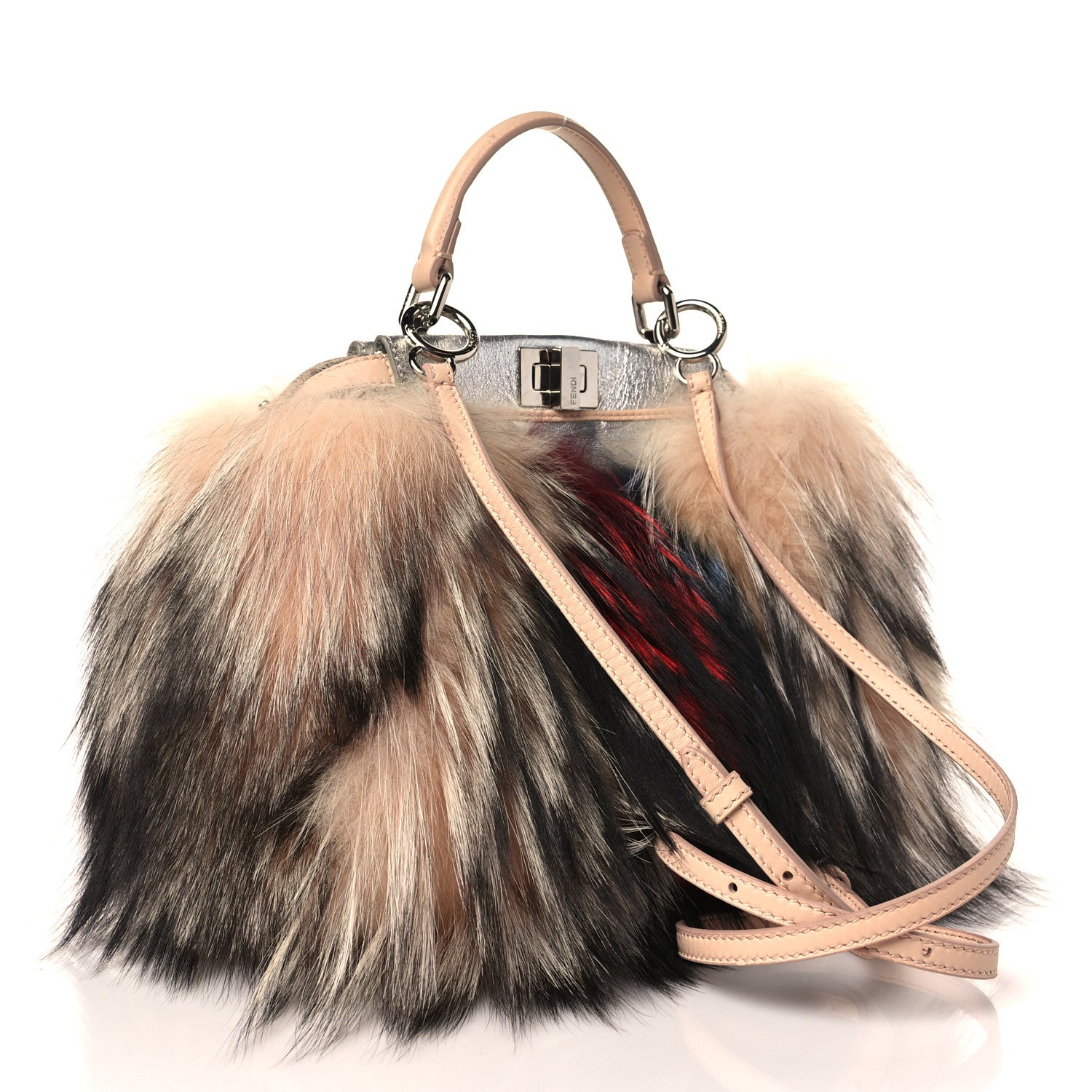 Fendi Metallic Nappa Fox Fur Mini Peekaboo Iconic Satchel Brown Multicolor 3 of 9