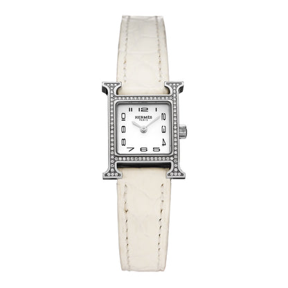 Hermes Stainless Steel Alligator Diamond Bezel Mother of Pearl 17.2mm Heure H Hour Quartz Watch Blanc 1 of 6