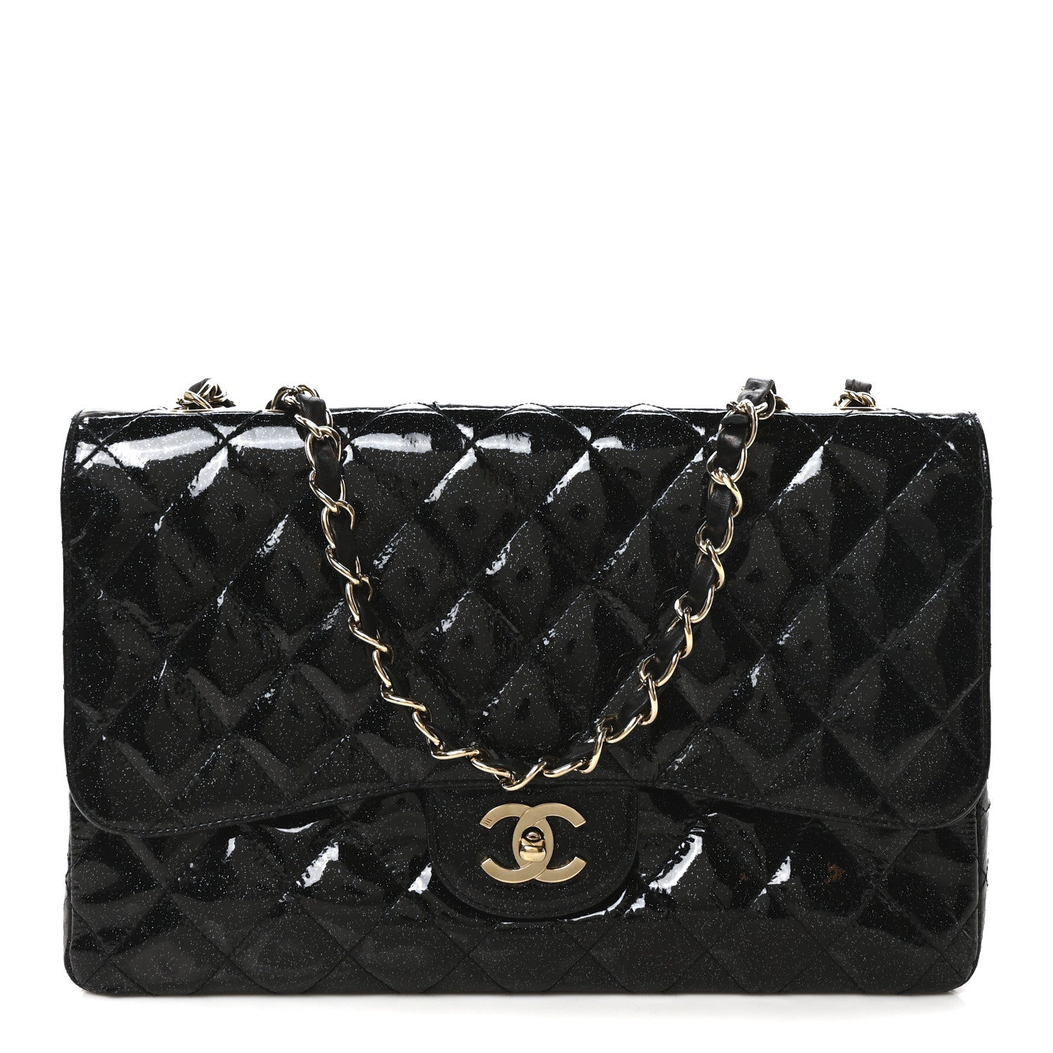 Chanel Patent Quilted Sparkle Glitter Jumbo Single Flap Black 1 of 10
