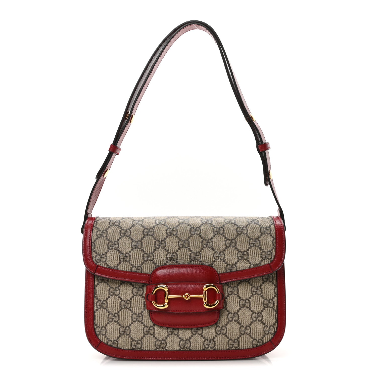 Gucci GG Supreme Monogram Azalea Calfskin Horsebit 1955 Shoulder Bag Beige Ebony New Cherry Red 1 of 10