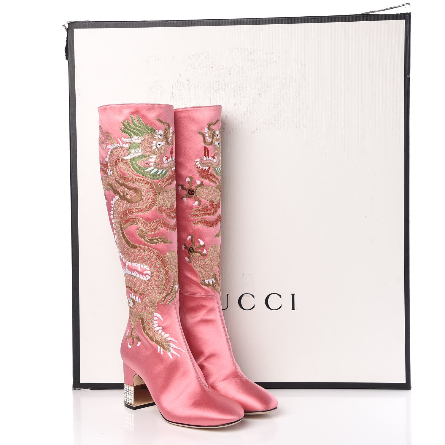 Gucci Silk Satin Malaga Kid Embroidered Candy Dragon Block-Heel Knee Boot 37 Glossy Pink 13 of 13