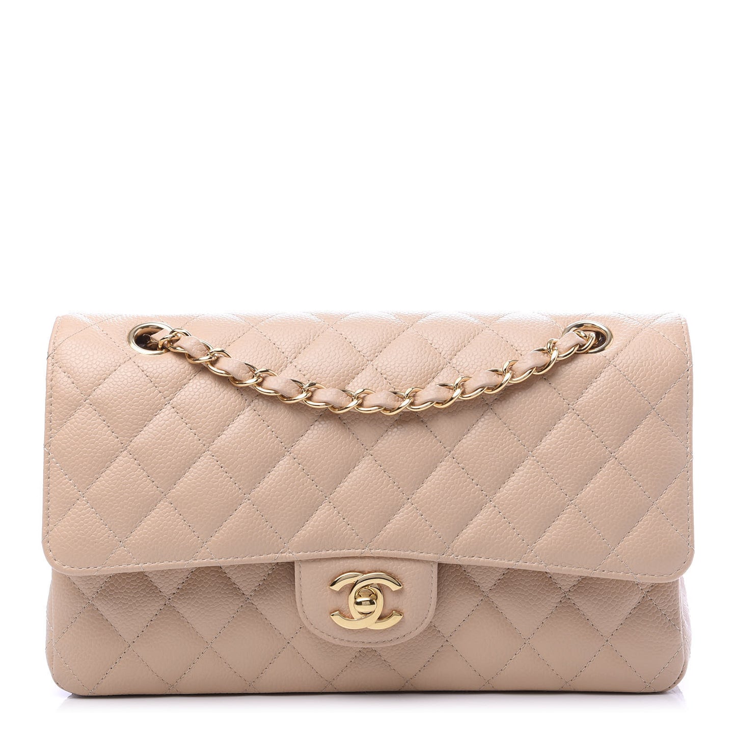 Caviar Quilted Medium Double Flap Beige