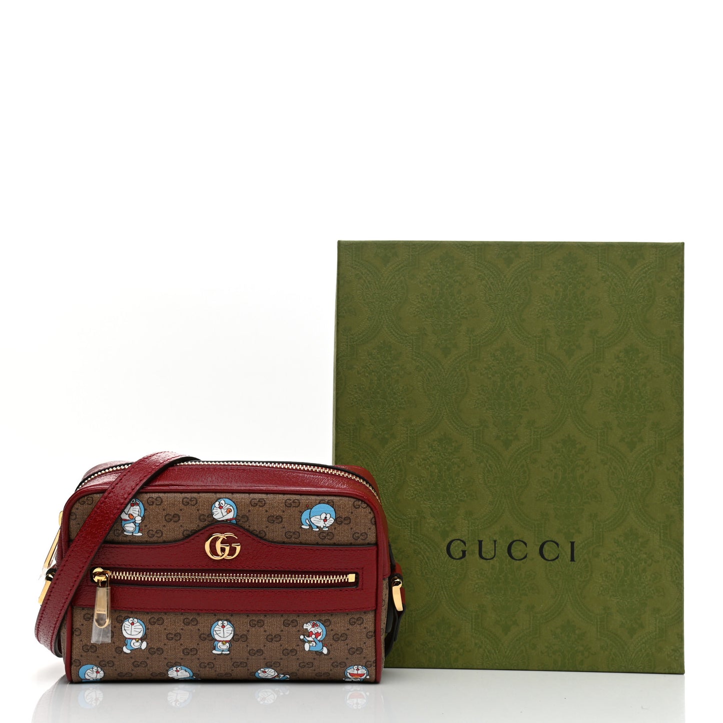 X DORAEMON Mini Vintage GG Supreme Monogram Camera Bag Beige Cherry Red