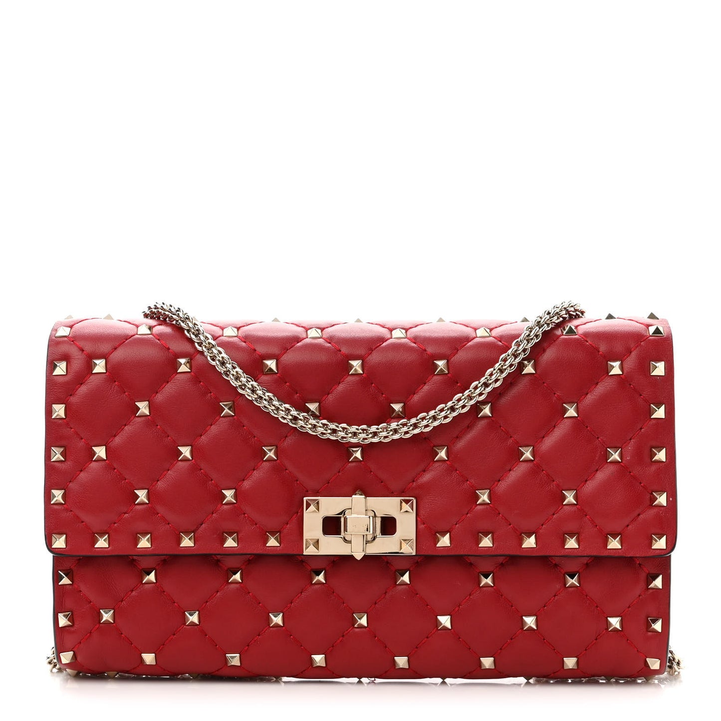 Lambskin Rockstud Spike Wallet on Chain Red
