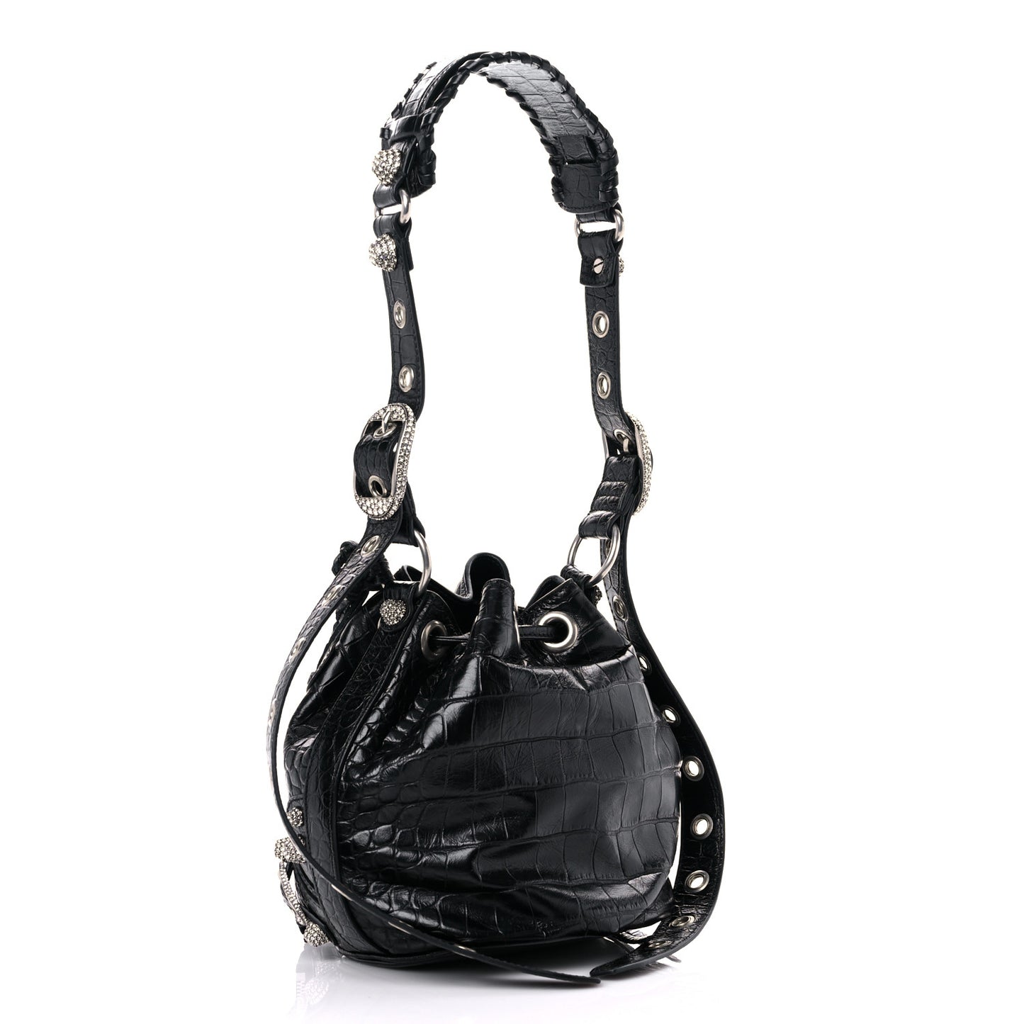 Extra Supple Calfskin Crystal Crocodile Embossed Le Cagole Bucket Bag XS Black
