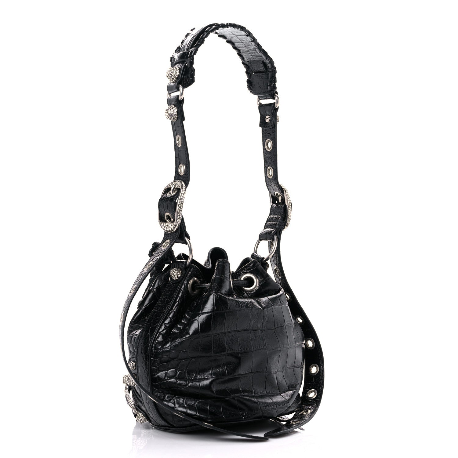 Balenciaga Extra Supple Calfskin Crystal Crocodile Embossed Le Cagole Bucket Bag XS Black 4 of 9