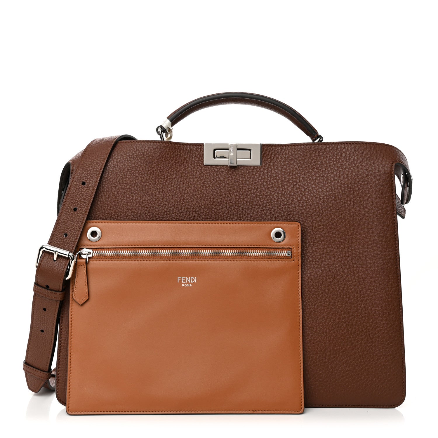 Fendi Cuoio Romano Vitello Cover Glazed Fabric Bi-Color FF 1974 Medium Peekaboo I SEE U Satchel Ghianda Saddler Tobacco Moro 1 of 14