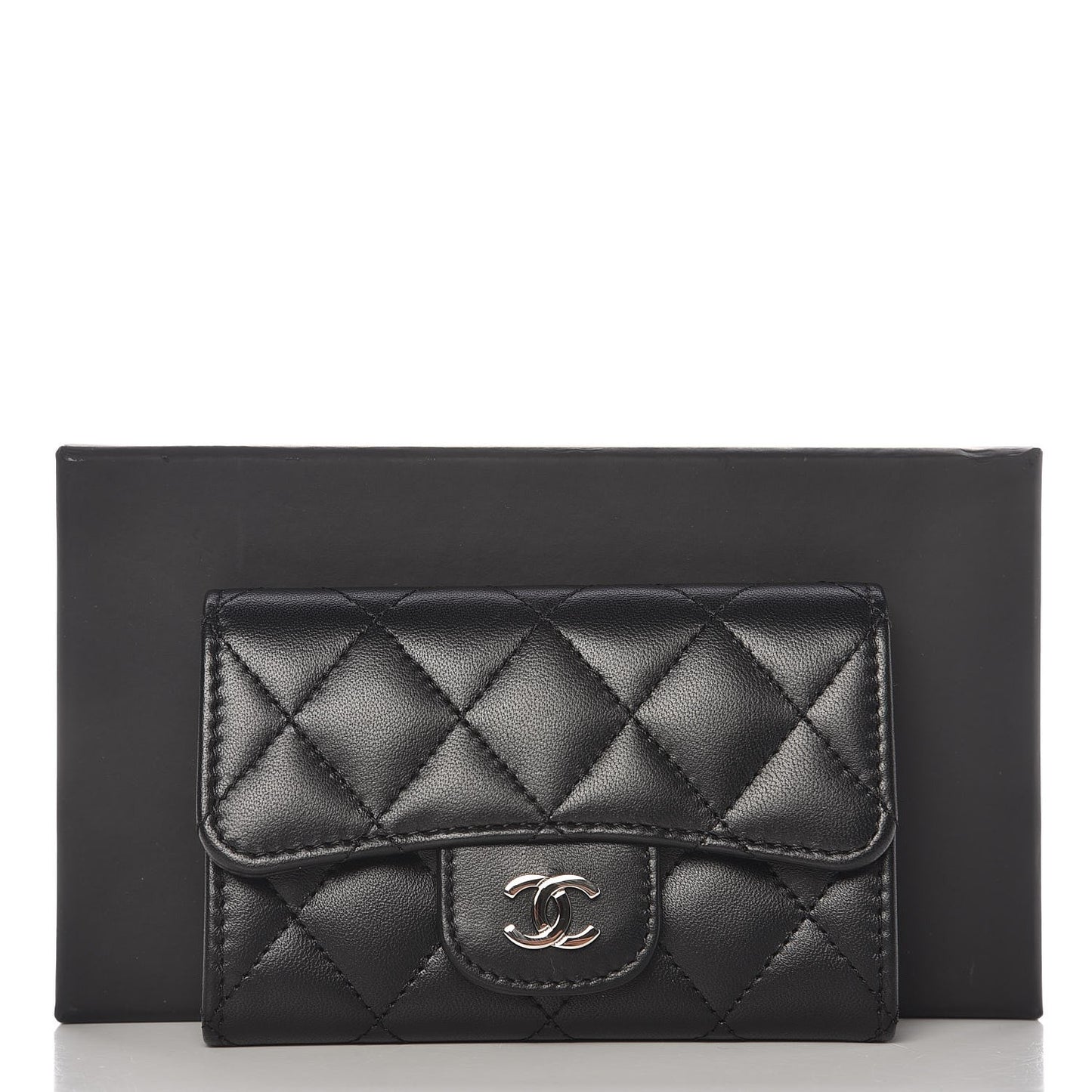 Lambskin Quilted Flap Card Holder Black