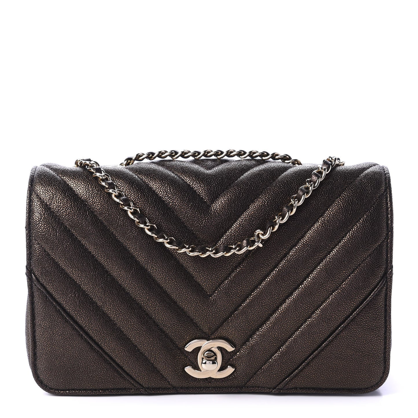 Metallic Caviar Chevron Quilted Mini Statement Flap Bronze