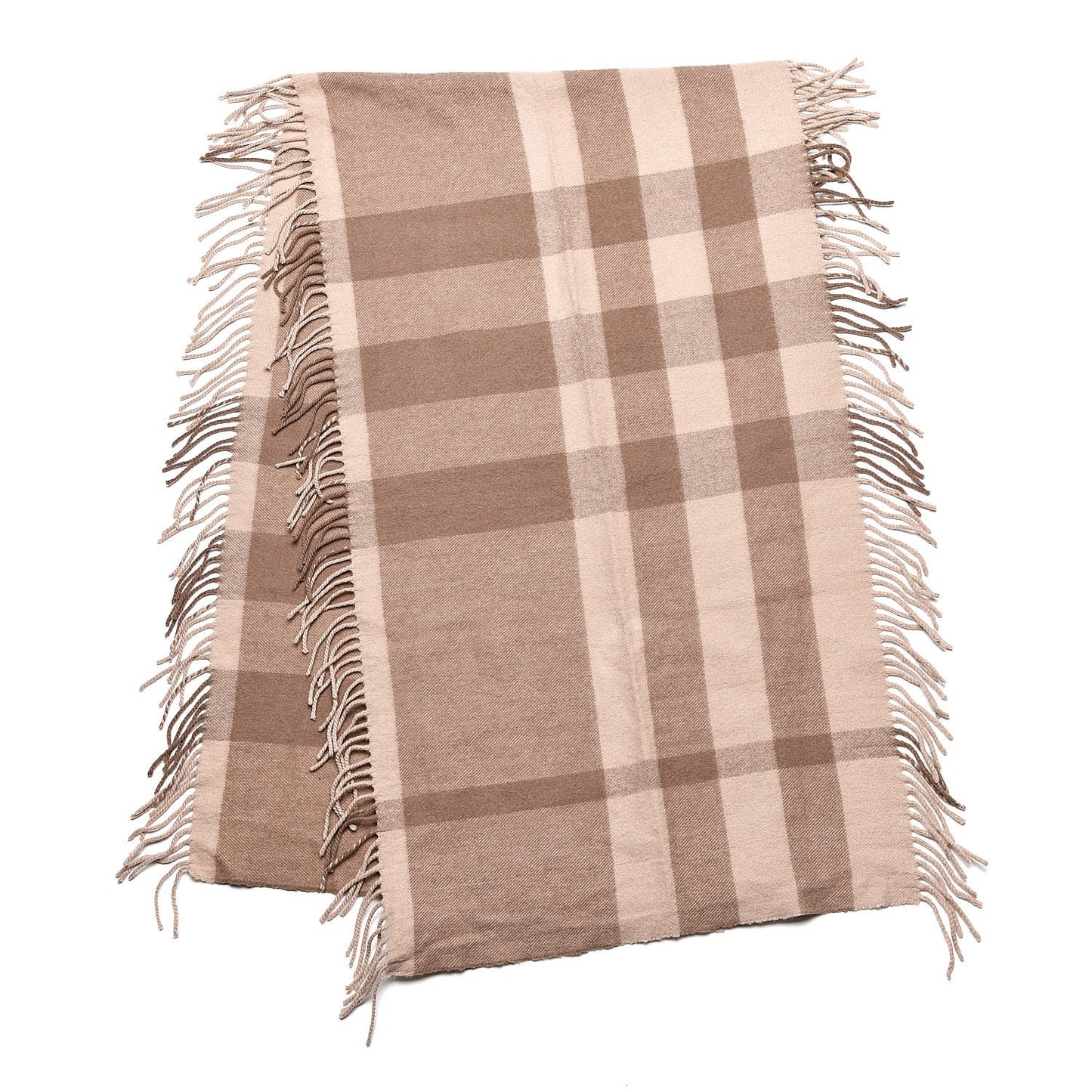 Merino Wool Half Mega Check Fringe Scarf Beige