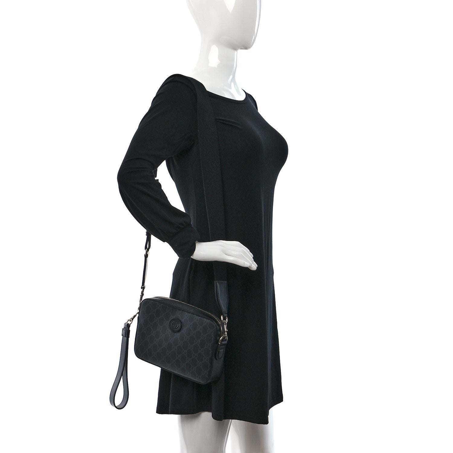 Gucci GG Supreme Monogram Azalea Calfskin Retro Interlocking G Wristlet Shoulder Bag Black 2 of 12