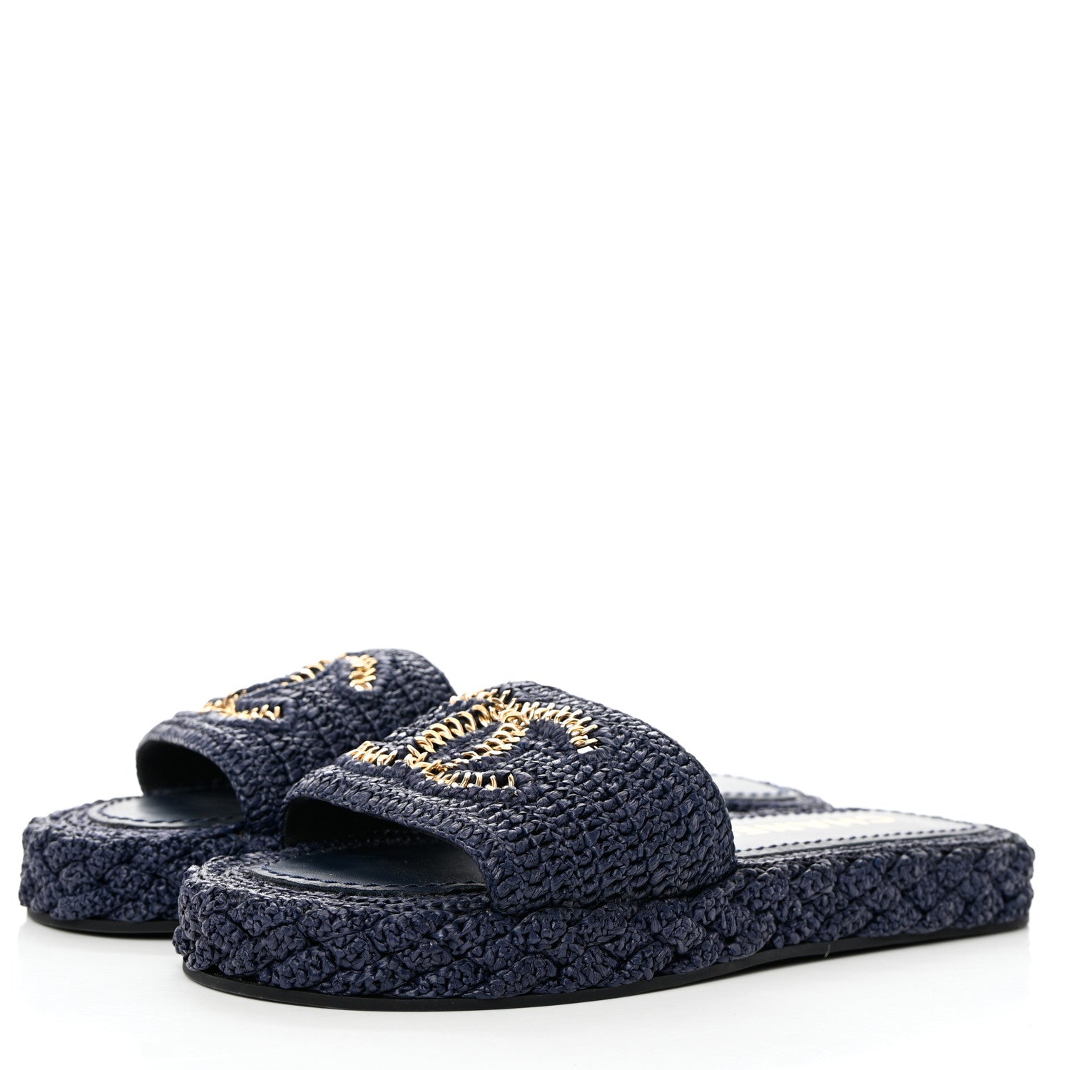 Chanel Cord CC Espadrille Slip On Sandals 37 Navy Blue 3 of 7