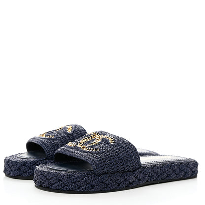 Chanel Cord CC Espadrille Slip On Sandals 37 Navy Blue 3 of 7