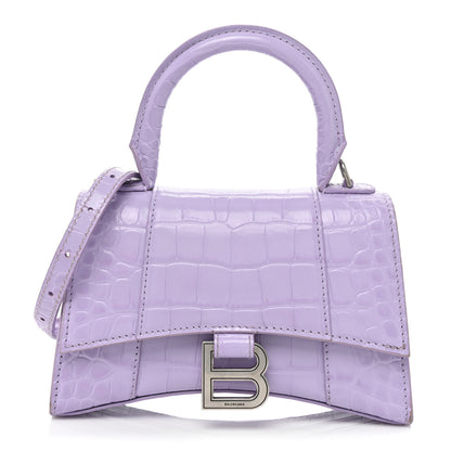 Balenciaga Shiny Calfskin Crocodile Embossed Hourglass Top Handle Bag XS Lilac 1 of 19