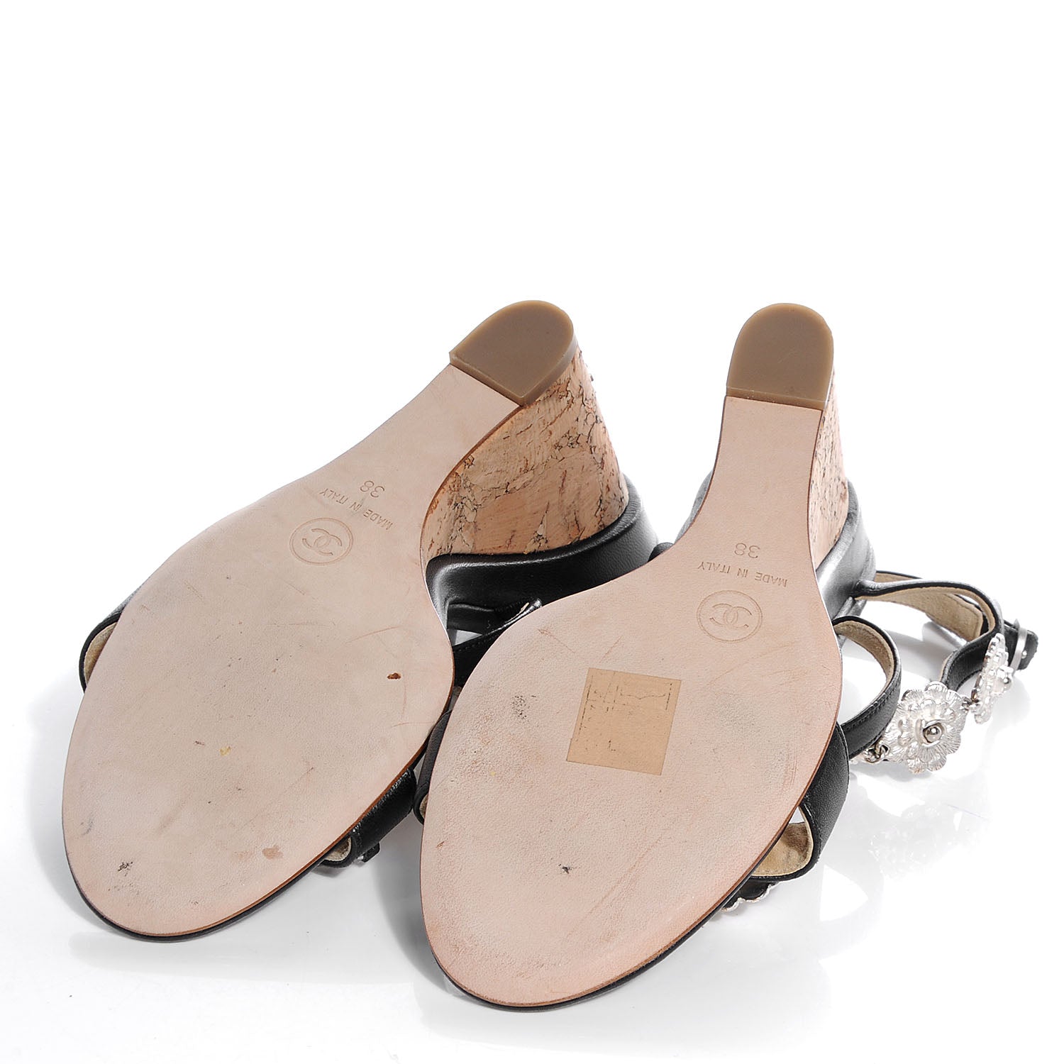 Chanel Lambskin Cork Camellia Wedge Sandals Black Silver 38 5 of 5