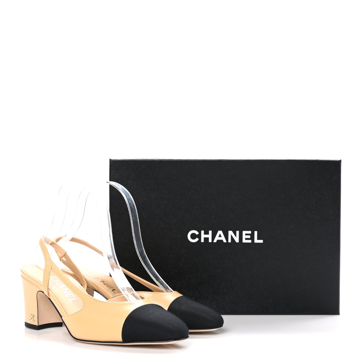 Goatskin Grosgrain Cap Toe CC Slingback Pumps 38 Beige Black