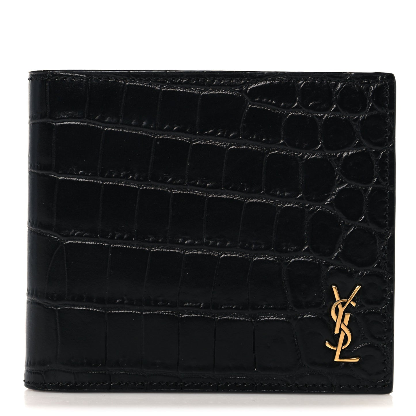 Calfskin Crocodile Embossed Tiny Cassandre East West Wallet Black