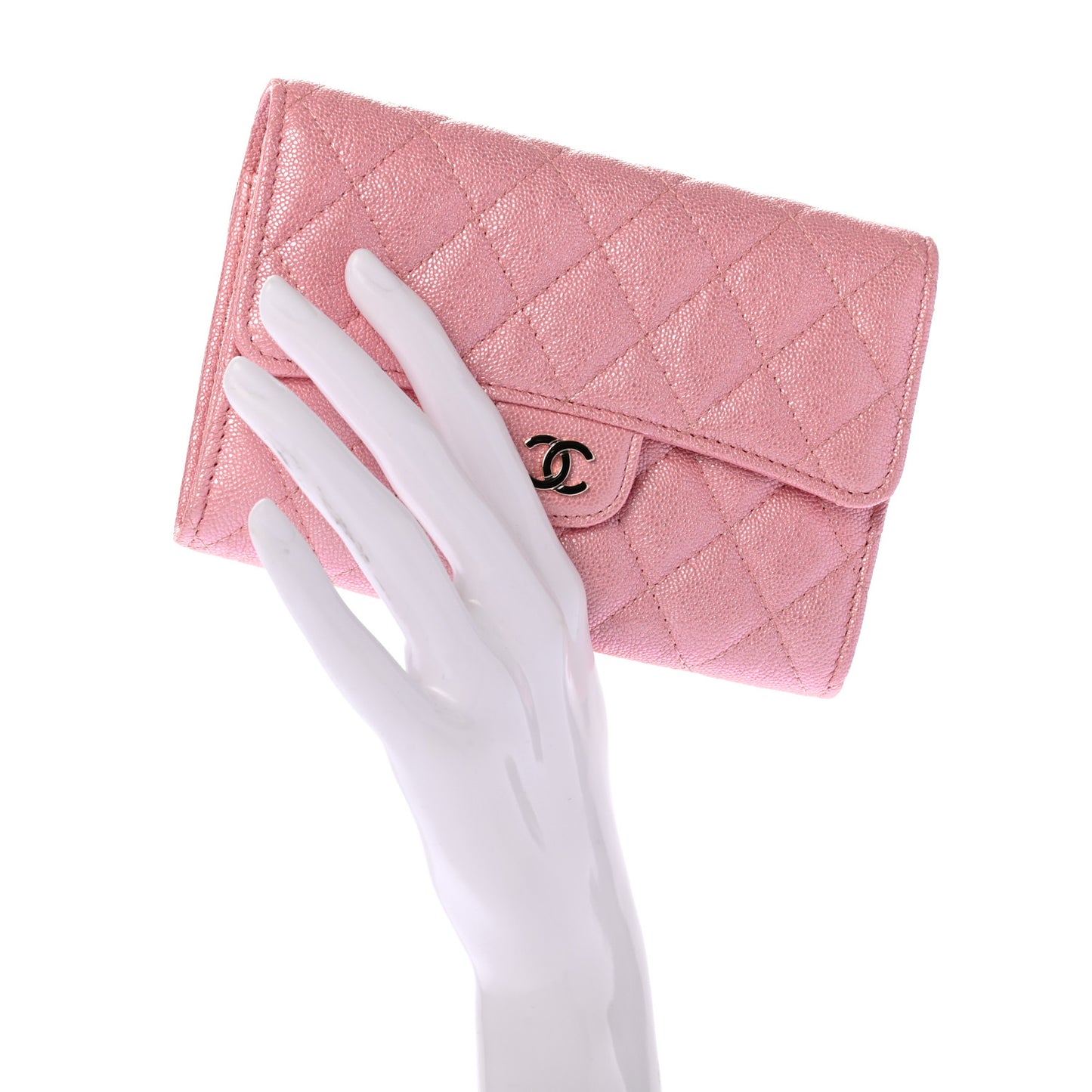 Iridescent Caviar Quilted Medium Flap Wallet Rose Pink