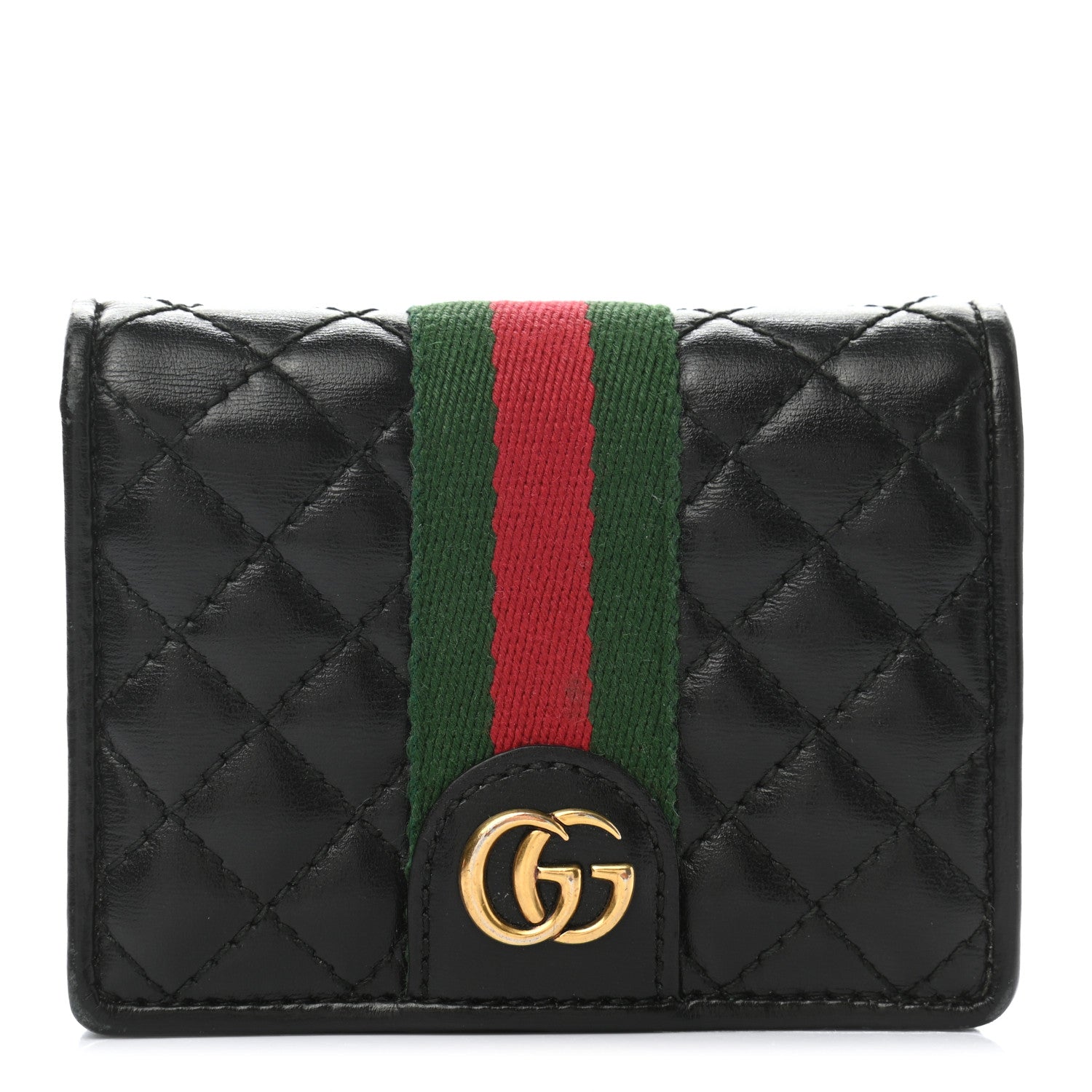 Gucci Calfskin Web Trapuntata GG Marmont Card Case Wallet Black 1 of 11