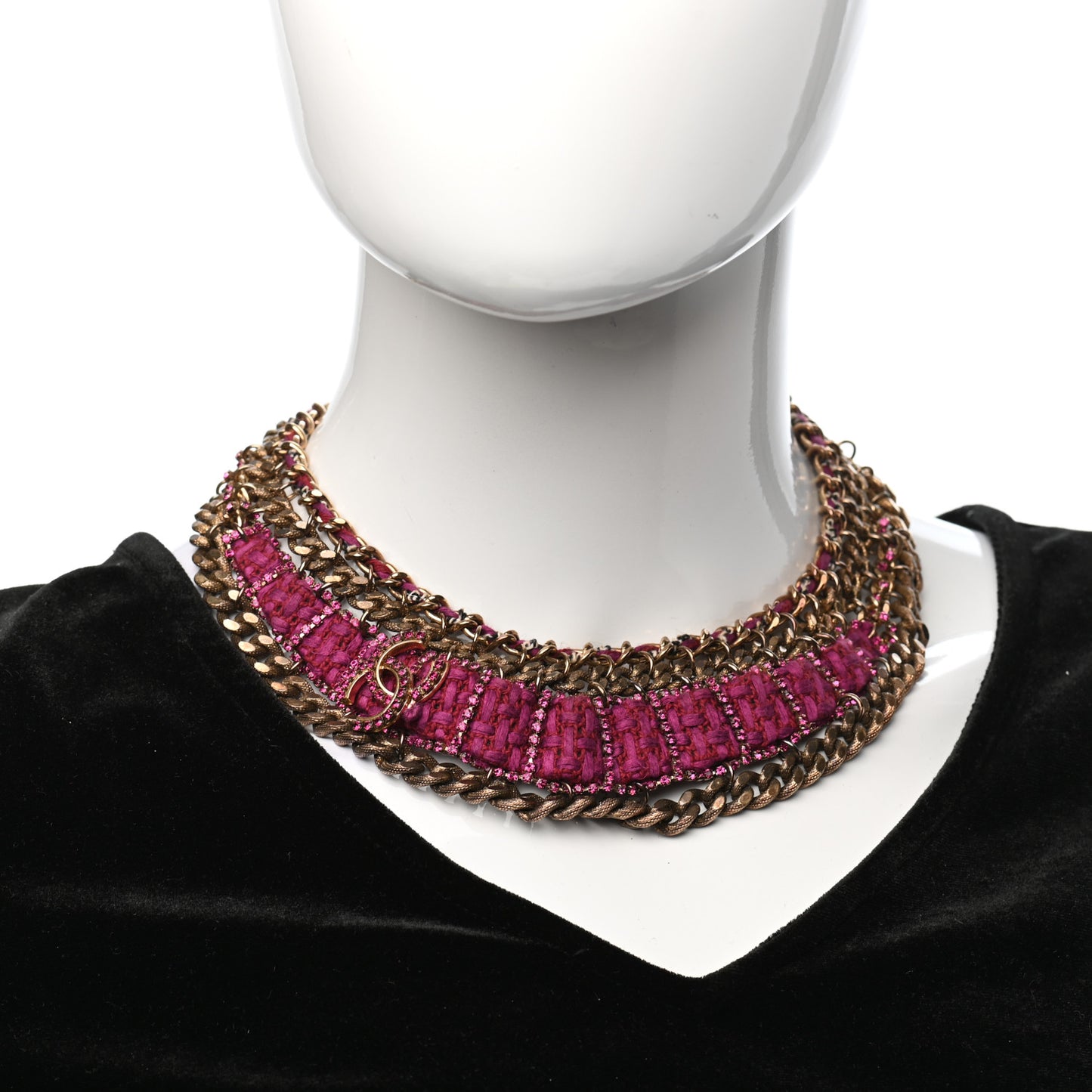 Wool Tweed Crystal Chainlink Bib Necklace Fuchsia Gold