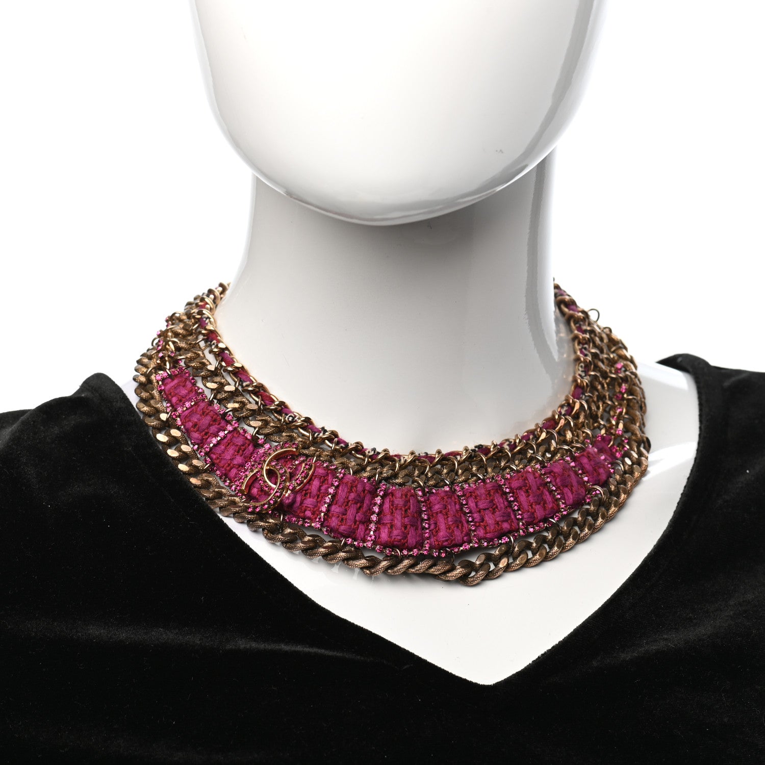 Chanel Wool Tweed Crystal Chainlink Bib Necklace Fuchsia Gold 2 of 6