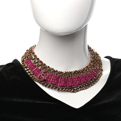 Chanel Wool Tweed Crystal Chainlink Bib Necklace Fuchsia Gold 2 of 6