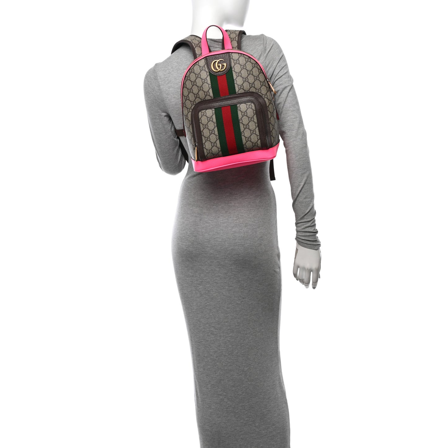 GG Supreme Monogram Textured Dollar Calfskin Web Small Ophidia Day Backpack Beige Ebony Fluorescent Fuchsia