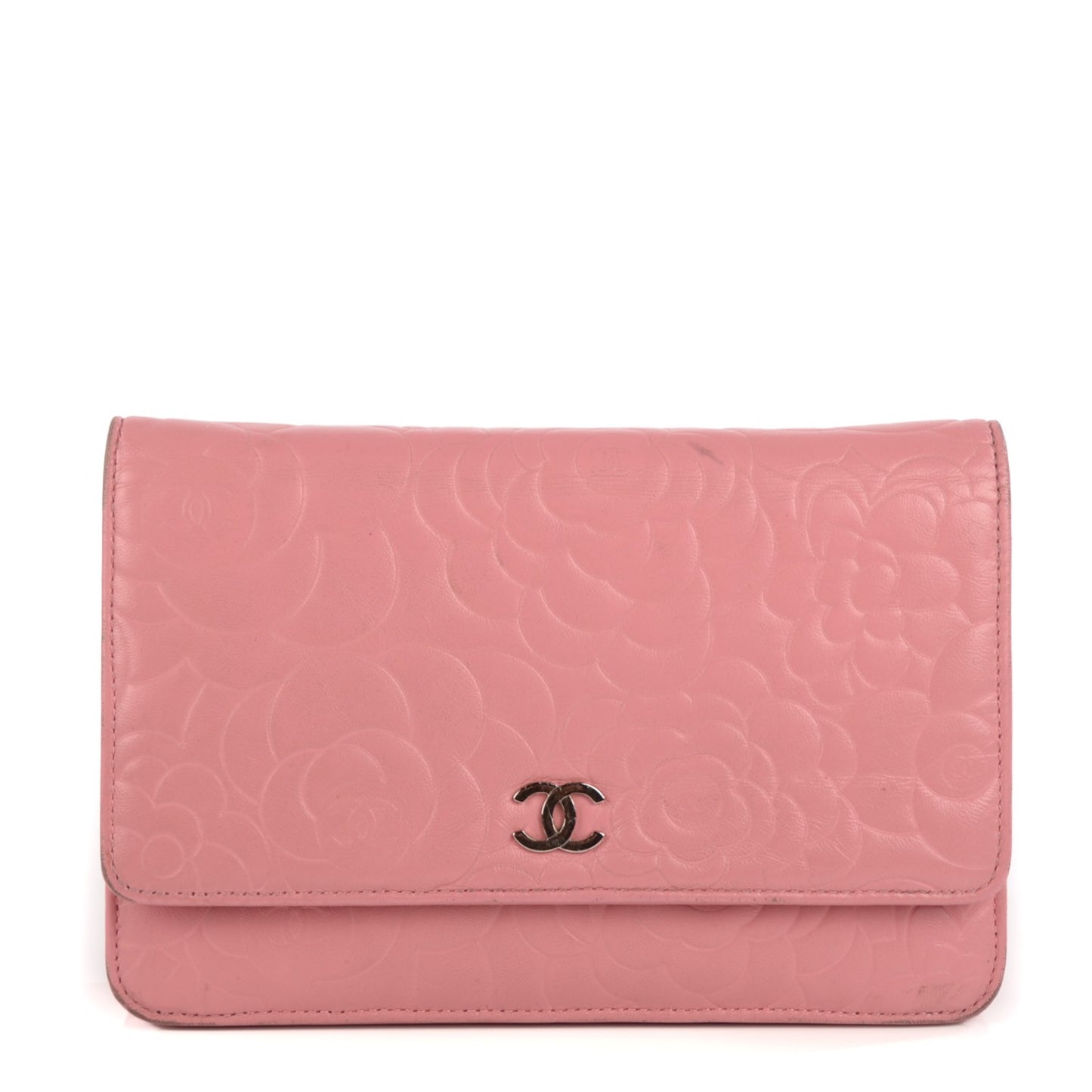 Lambskin Camellia Embossed Wallet on Chain WOC Pink