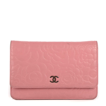 Chanel Lambskin Camellia Embossed Wallet on Chain WOC Pink 1 of 8