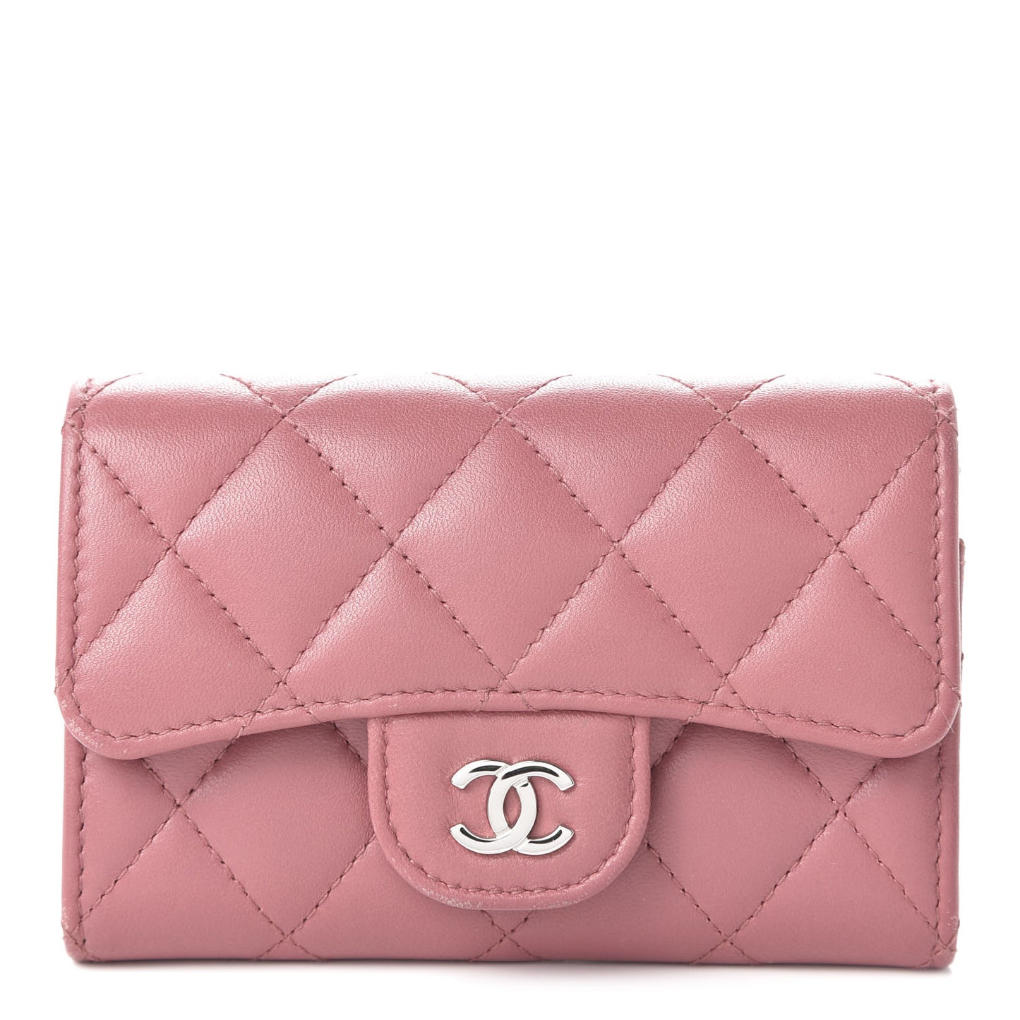 Lambskin Quilted Flap Card Holder Wallet Pink