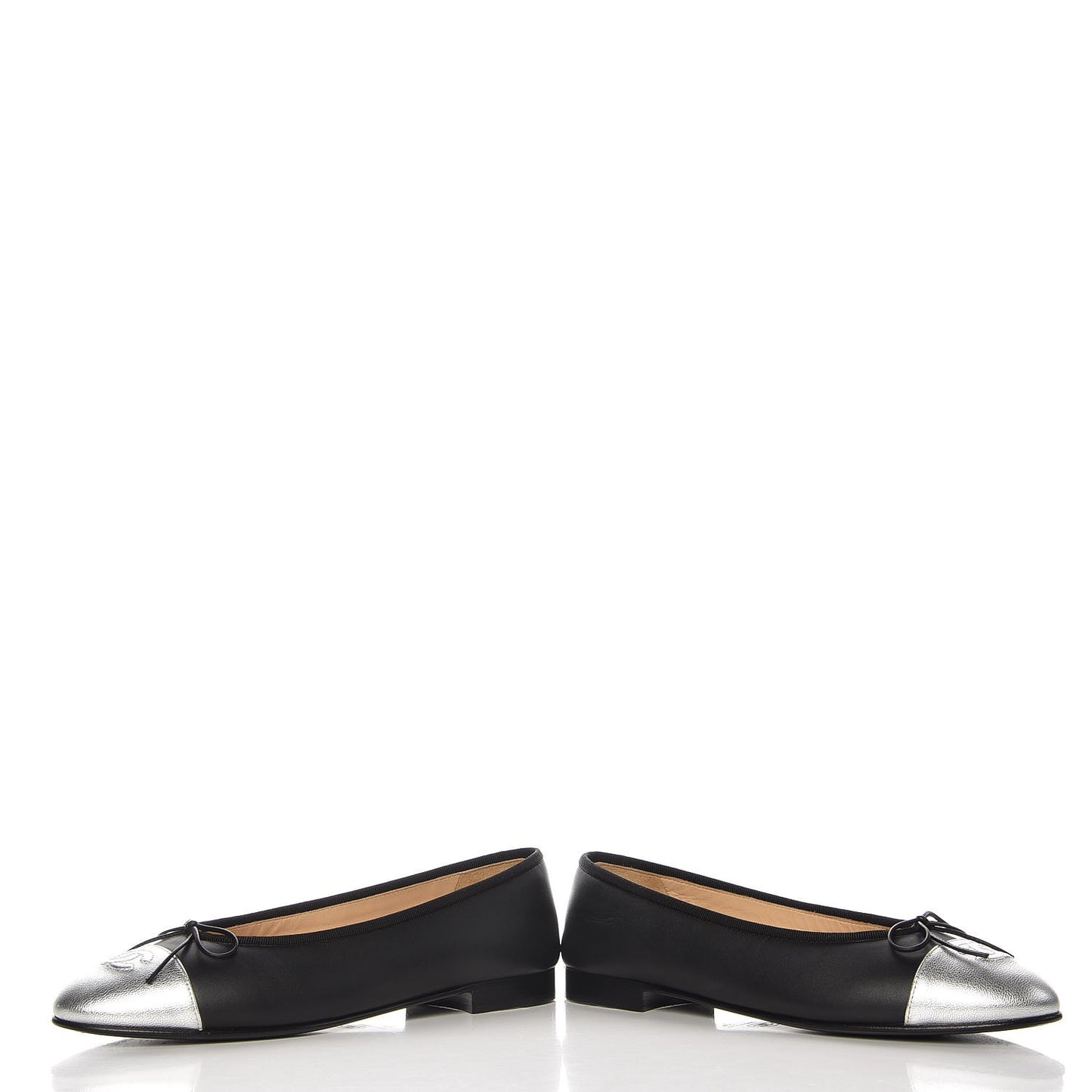 Calfskin Metallic Goatskin CC Cap Toe Ballerina Flats 39 Black Silver