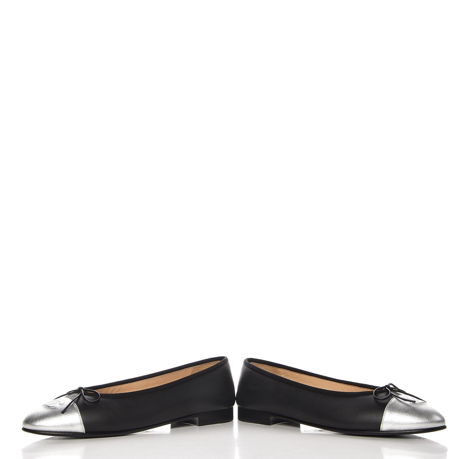 Chanel Calfskin Metallic Goatskin CC Cap Toe Ballerina Flats 39 Black Silver 5 of 11