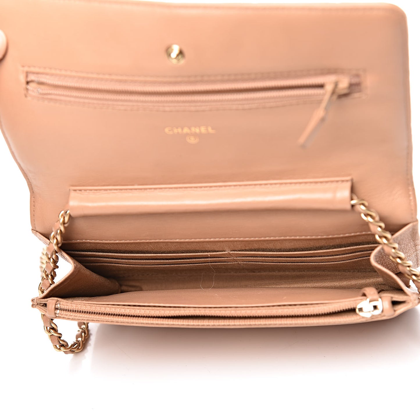 Letter Calfskin Embossed Quilted Wallet On Chain WOC Beige