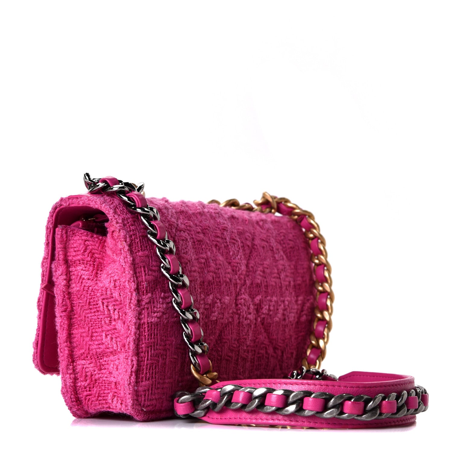 Chanel Wool Tweed Lambskin Quilted Chanel 19 Wallet On Chain WOC Fuchsia 2 of 10