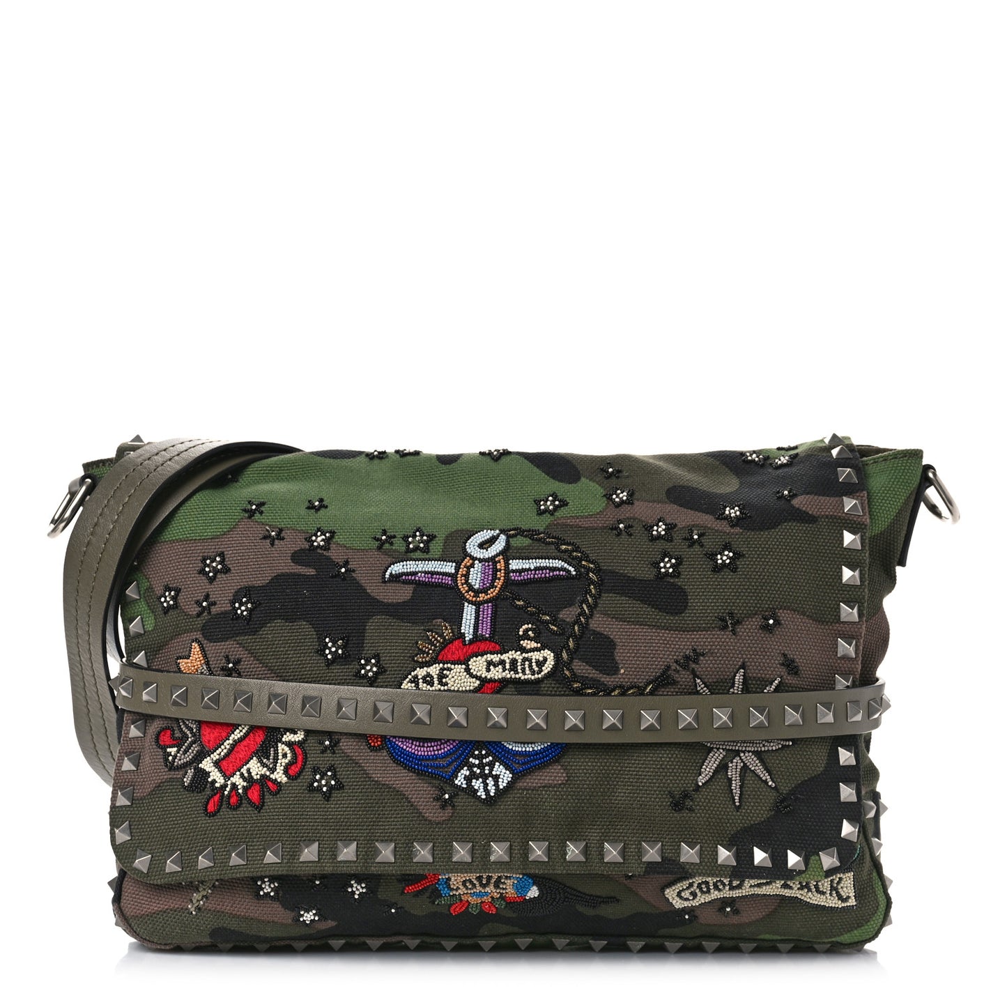 Canvas Camouflage Tattoo Beaded Rockstud Messenger Bag Army Green Brushwood