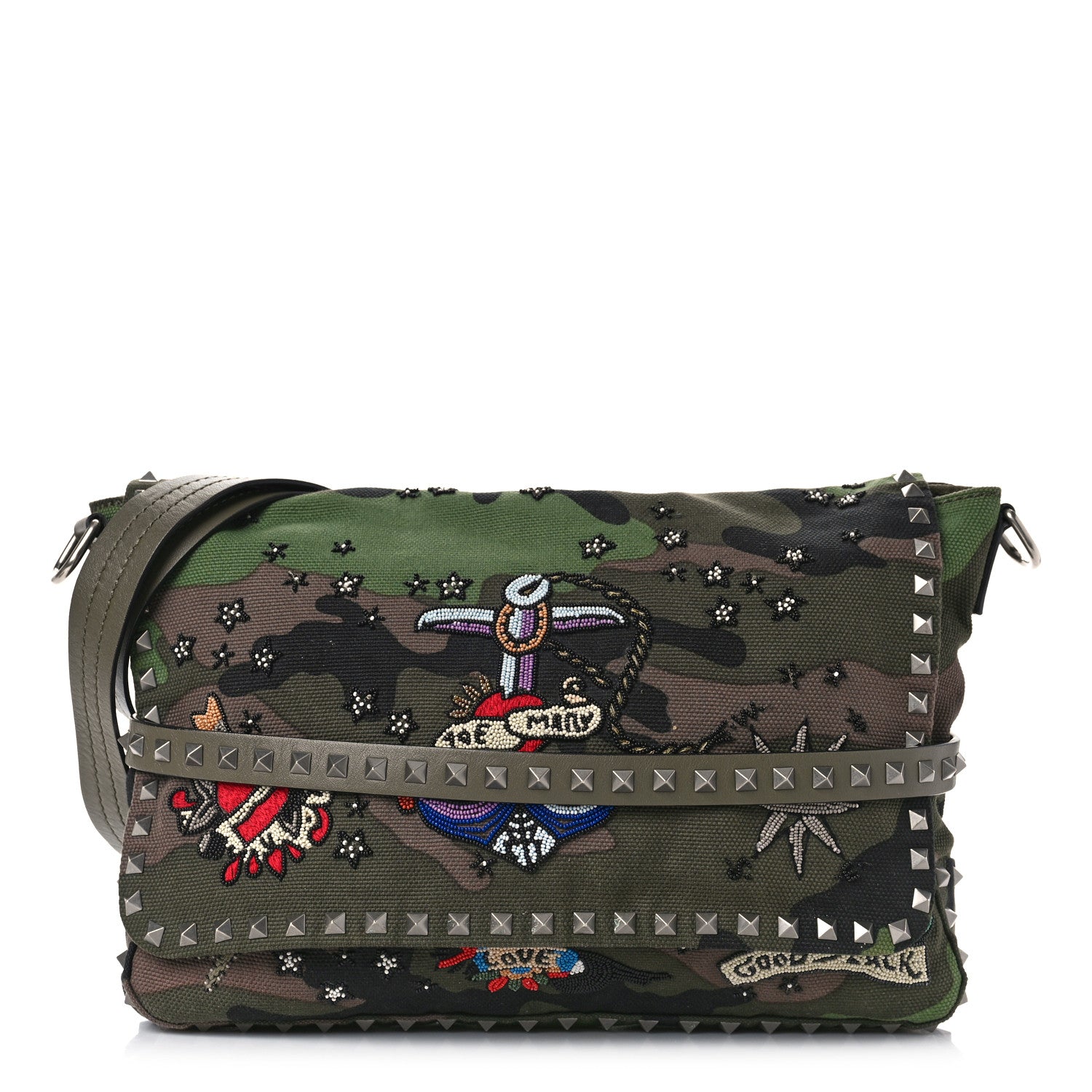 Valentino Garavani Canvas Camouflage Tattoo Beaded Rockstud Messenger Bag Army Green Brushwood 1 of 8