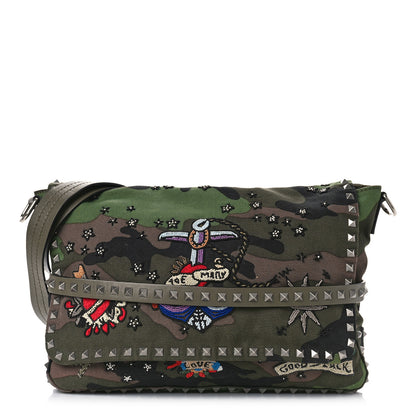 Valentino Garavani Canvas Camouflage Tattoo Beaded Rockstud Messenger Bag Army Green Brushwood 1 of 8