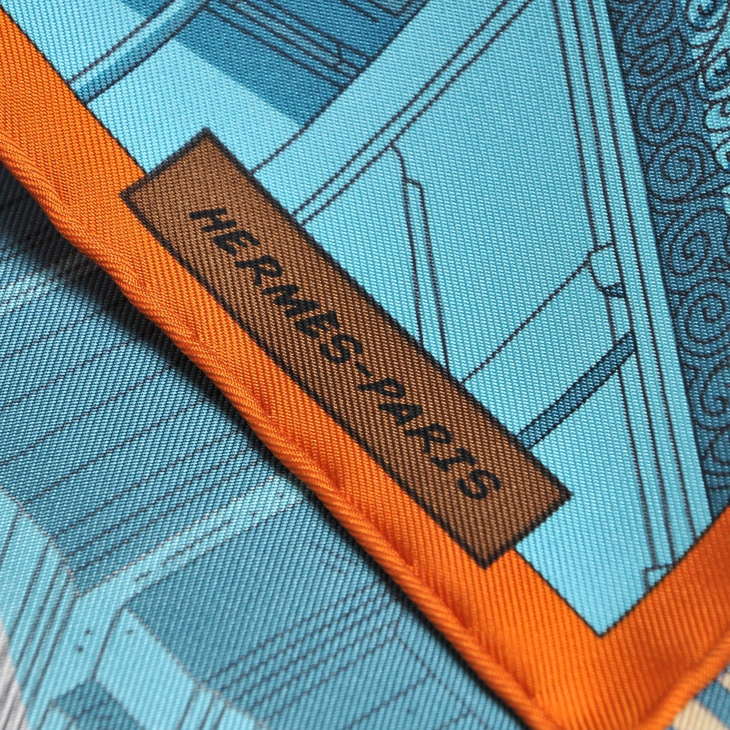 Hermes Silk Space Shopping Au Faubourg Pocket Square Bleu Orange Vert 3 of 7